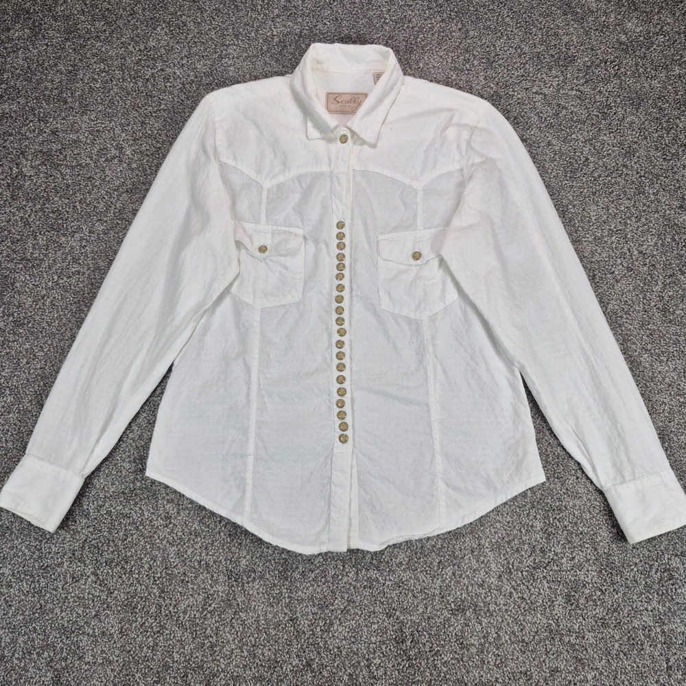 Scully Western Shirt Womens Small White Cotton Diamond Dobby Snap Buttons